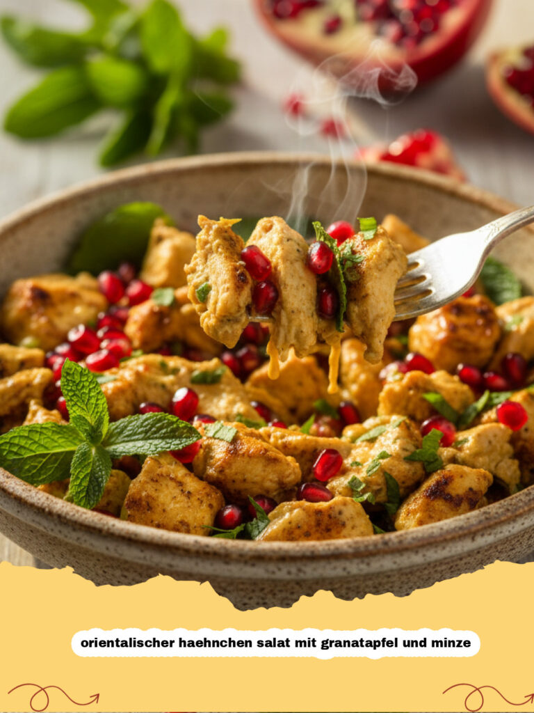 orientalischer haehnchen salat mit granatapfel und minze - Ein bunter, frischer orientalischer Hähnchensalat mit leuchtend roten Granatapfelkernen und grüner Minze in einer großen Schüssel.