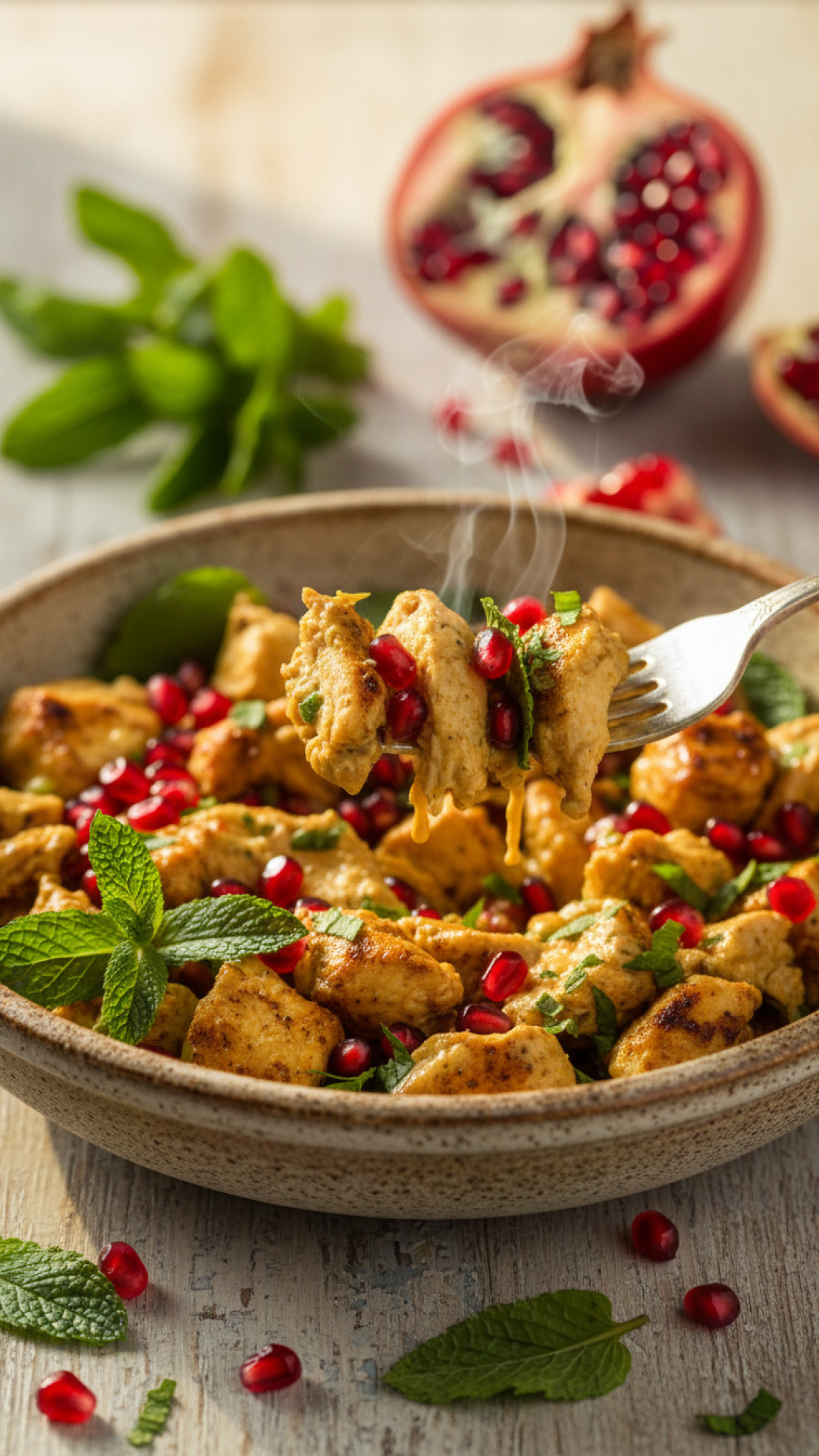 Orientalischer Hähnchensalat mit Granatapfel und Minze Preparation