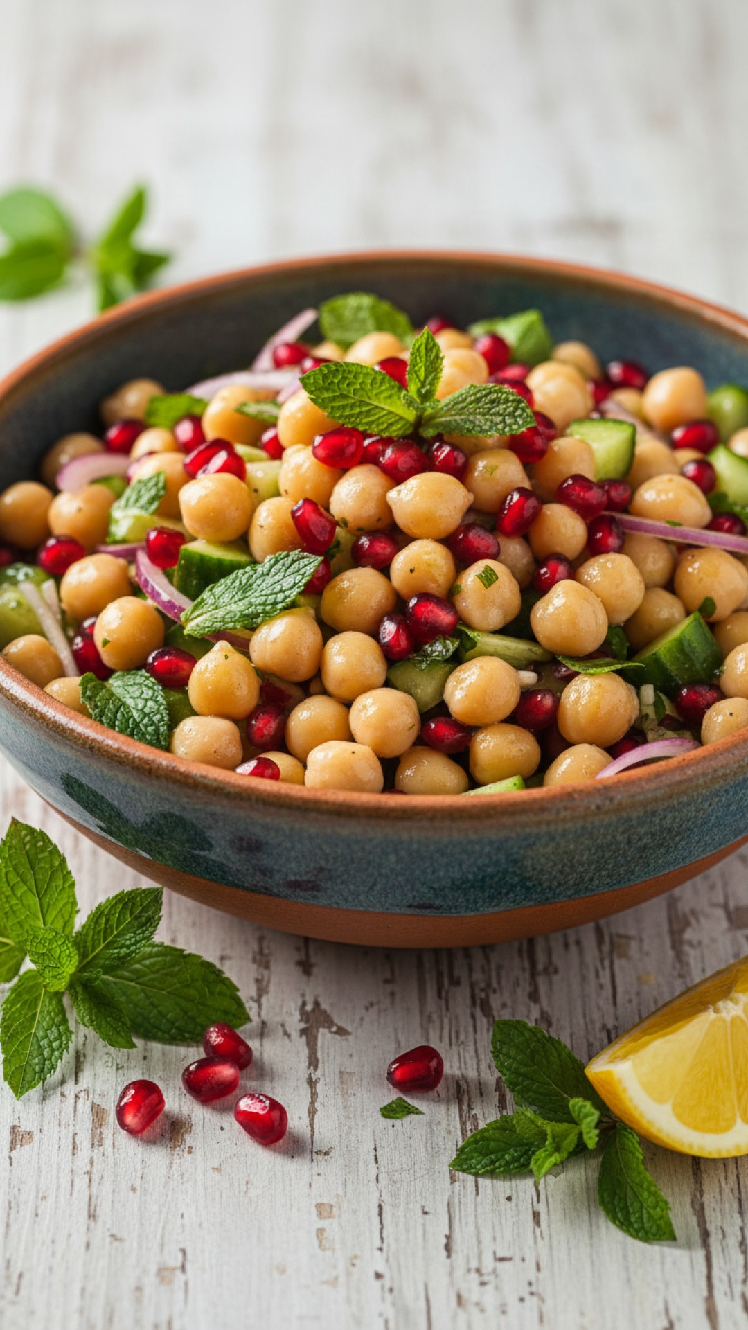 Orientalischer Kichererbsensalat mit Minze und Granatapfel Preparation