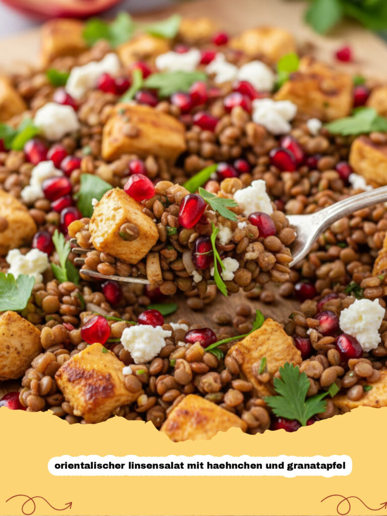 orientalischer linsensalat mit haehnchen und granatapfel - Ein bunter orientalischer Linsensalat mit Hähnchen, Granatapfelkernen und frischen Kräutern in einer großen Schüssel.