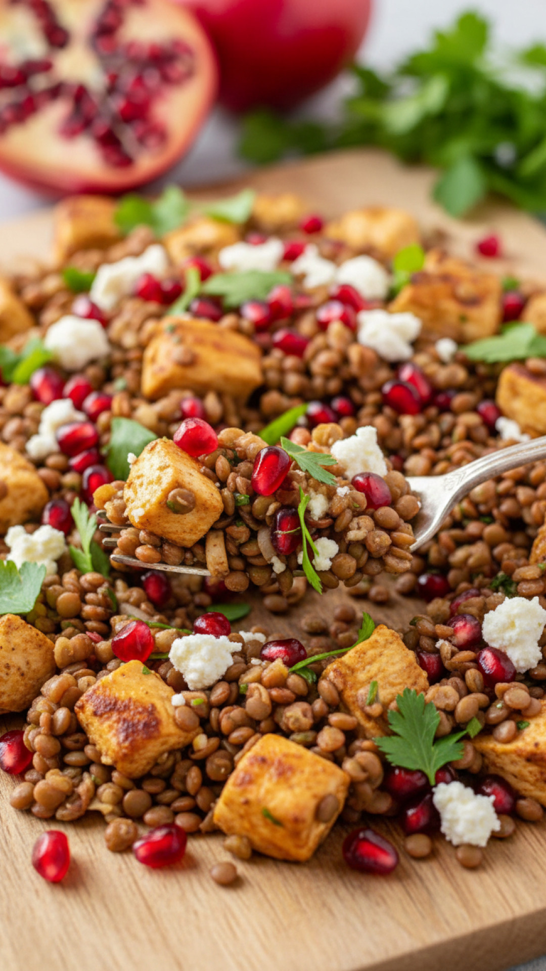Orientalischer Linsensalat mit Hähnchen und Granatapfel Preparation