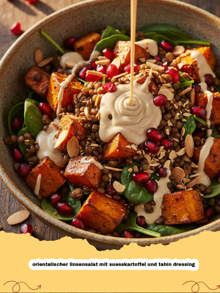orientalischer linsensalat mit suesskartoffel und tahin dressing - Ein bunter orientalischer Linsensalat mit Süßkartoffel und cremigem Tahin-Dressing in einer weißen Schale.
