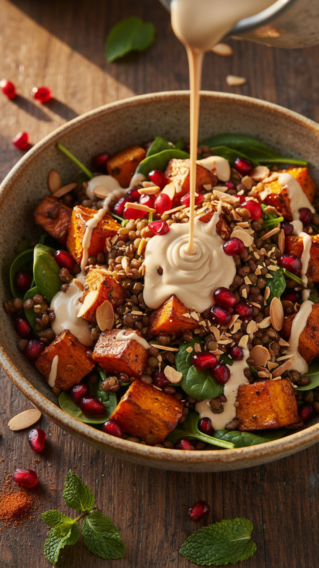 Orientalischer Linsensalat mit Süßkartoffel und Tahin-Dressing Preparation