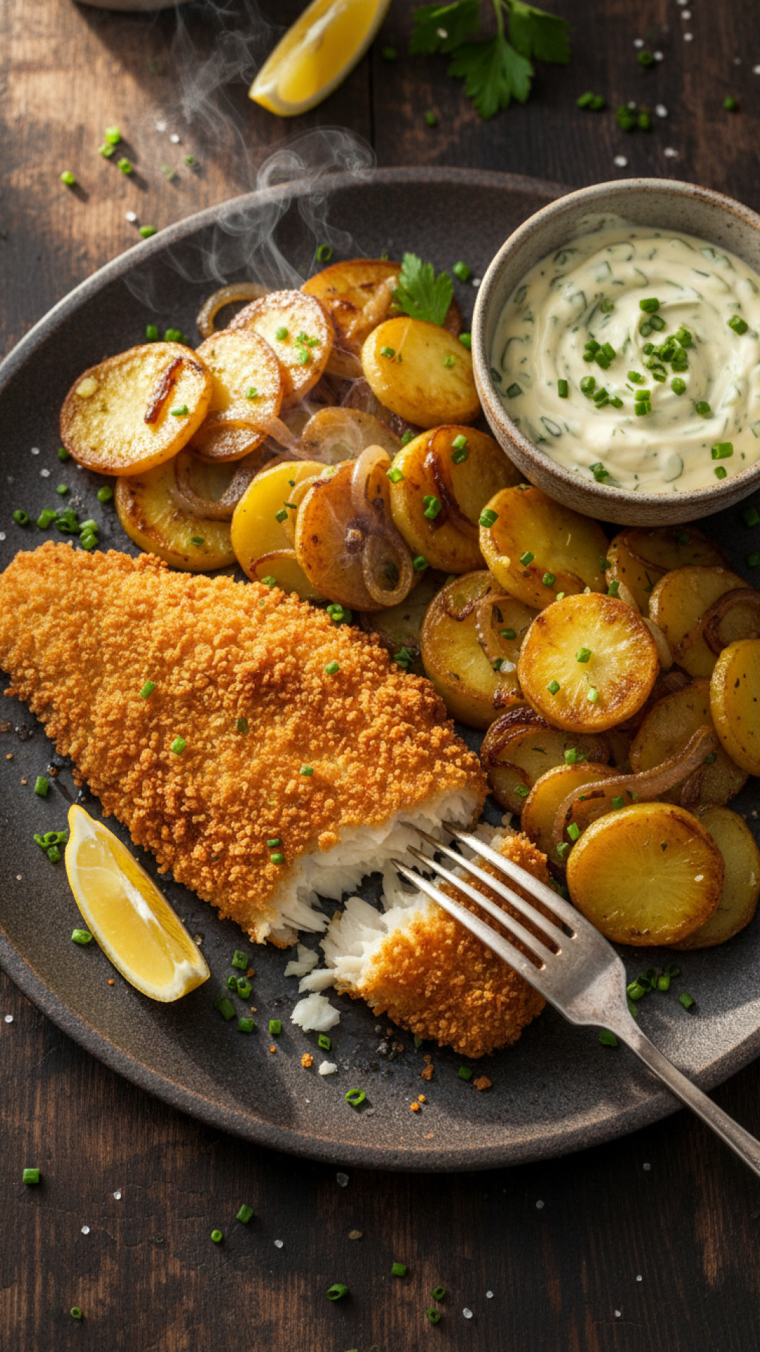 Original norddeutscher Backfisch mit Bratkartoffeln und Remoulade Preparation
