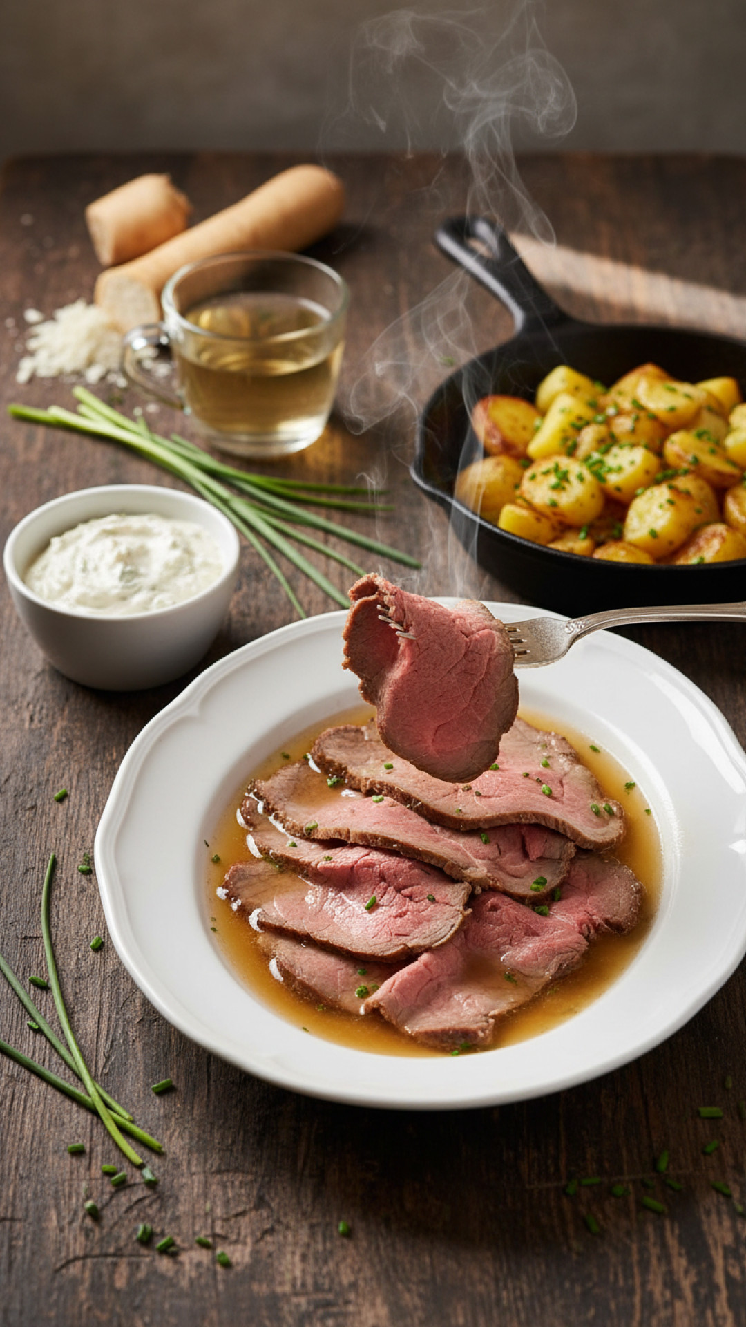 Original Österreichischer Tafelspitz mit Krensauce und Röstkartoffeln Preparation