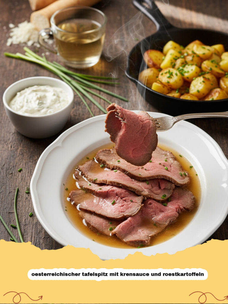 oesterreichischer tafelspitz mit krensauce und roestkartoffeln - Ein angerichteter Teller mit österreichischem Tafelspitz, Krensauce und goldenen Röstkartoffeln