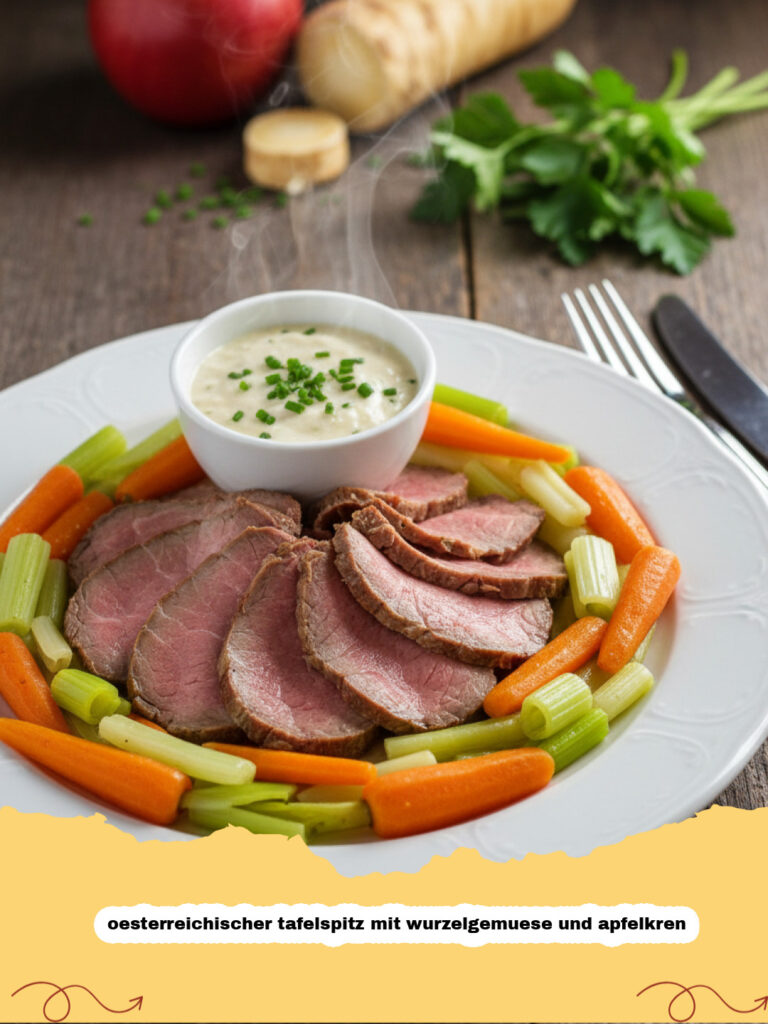 oesterreichischer tafelspitz mit wurzelgemuese und apfelkren - Oesterreichischer Tafelspitz mit Wurzelgemuese und Apfelkren auf einem rustikalen Teller serviert