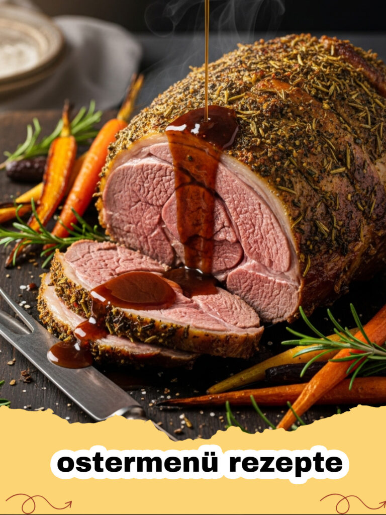 ostermenü rezepte - Festliche Lammkeule mit goldener Kräuterkruste, serviert auf einer Platte mit frischem Frühlingsgemüse und Rosmarinzweigen, perfekt für Ostern.