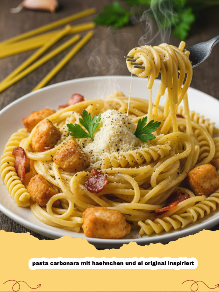 pasta carbonara mit haehnchen und ei original inspiriert - Cremige Pasta Carbonara mit Hähnchenstücken auf einem dunklen Teller