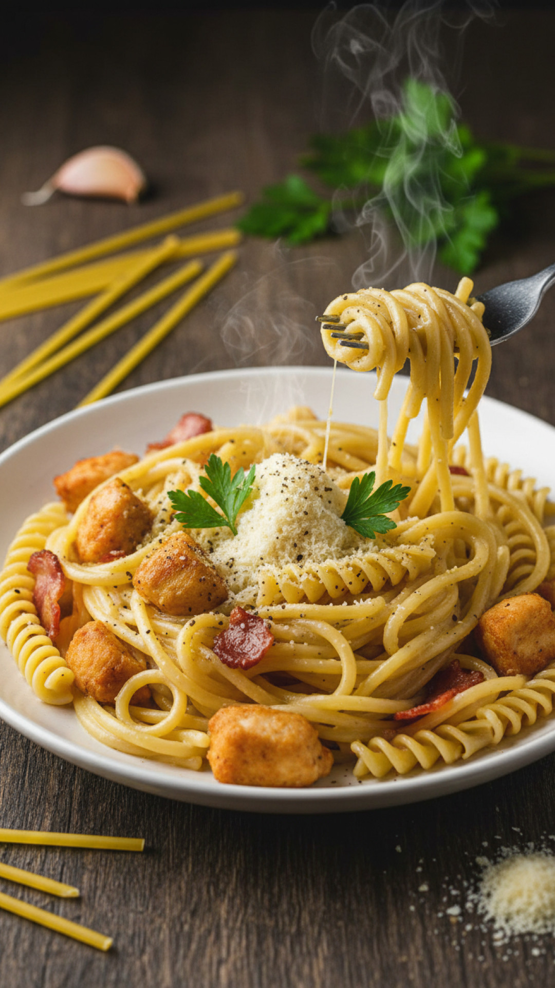 Pasta Carbonara mit Hähnchen und Ei Preparation
