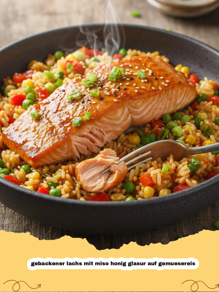 gebackener lachs mit miso honig glasur auf gemuesereis - Gebackener Lachs mit Miso-Honig-Glasur auf einem Bett aus farbenfrohem Gemüsereis, garniert mit Frühlingszwiebeln und Sesam.
