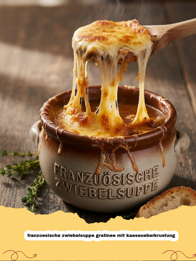 franzoesische zwiebelsuppe gratinee mit kaeseueberkrustung - Französische Zwiebelsuppe mit geschmolzenem Käse und Baguette
