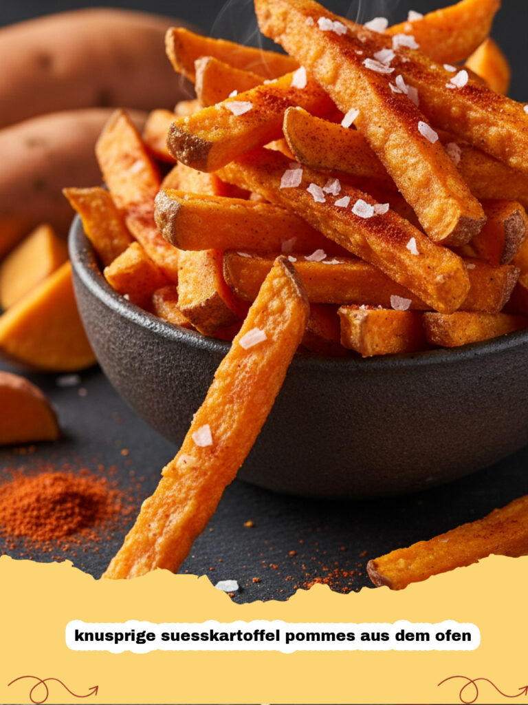 knusprige suesskartoffel pommes aus dem ofen - Ein Blech voller perfekt goldbrauner, knuspriger Süßkartoffel Pommes aus dem Ofen, frisch gebacken und bereit zum Servieren.