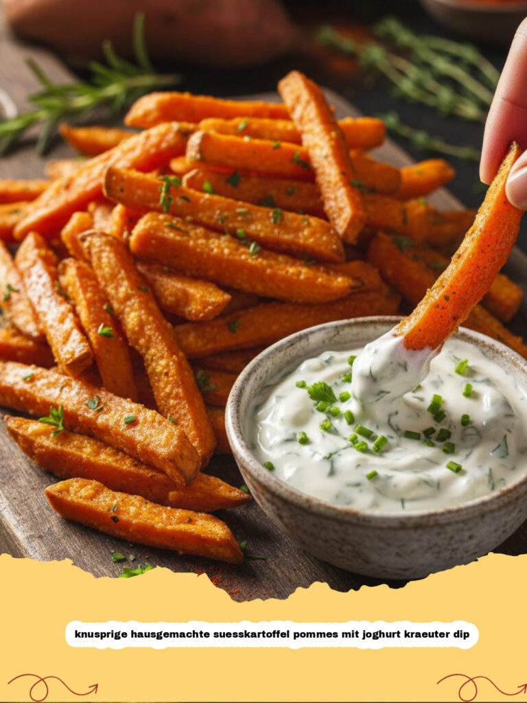 knusprige hausgemachte suesskartoffel pommes mit joghurt kraeuter dip - Knusprige hausgemachte Süßkartoffel Pommes mit frischem Joghurt-Kräuter-Dip in einer Schale