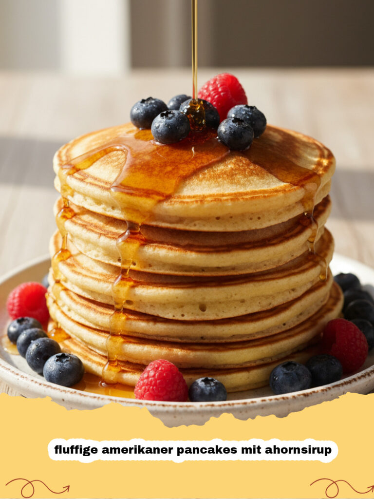 fluffige amerikaner pancakes mit ahornsirup - Stapel goldbrauner, fluffiger amerikaner pancakes mit ahornsirup und frischen Beeren.