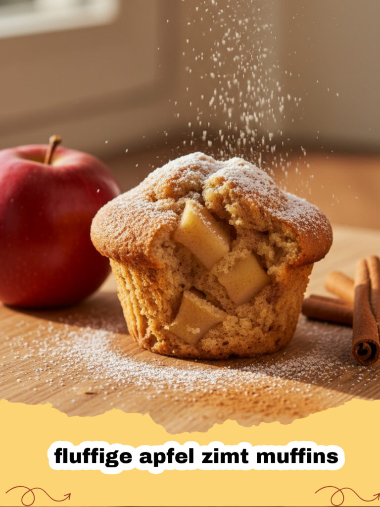 fluffige apfel zimt muffins - Ein Stapel von frisch gebackenen, fluffigen Apfel-Zimt Muffins auf einem Holztisch mit einer Zimtstange und Apfelspalten im Hintergrund.