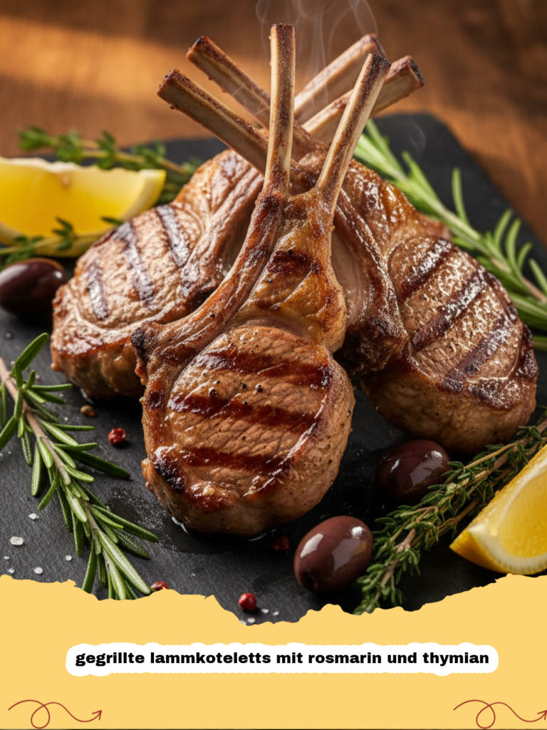 gegrillte lammkoteletts mit rosmarin und thymian - Saftige gegrillte Lammkoteletts mit frischem Rosmarin und Thymian auf einem Grillrost