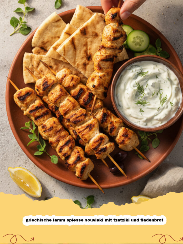 Saftige griechische lamm spiesse souvlaki mit tzatziki und fladenbrot auf einem Holzteller.