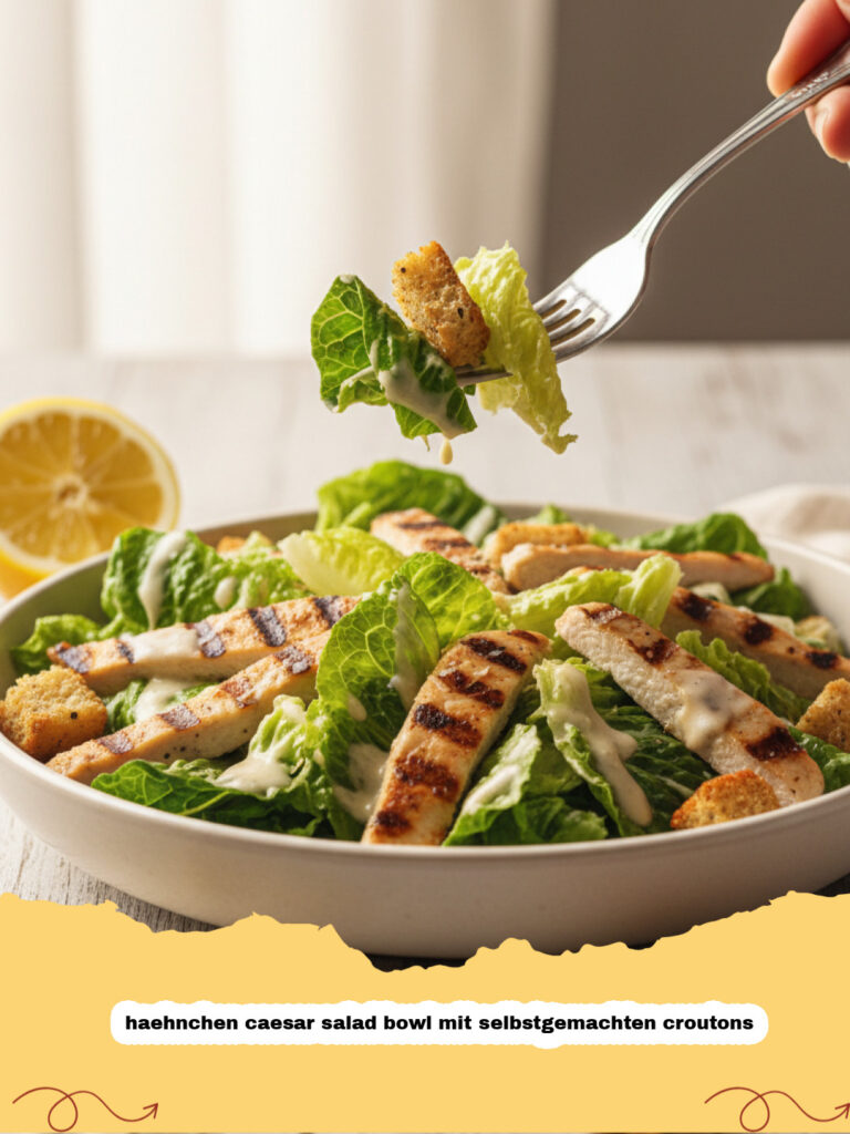 haehnchen caesar salad bowl mit selbstgemachten croutons - Eine Hähnchen Caesar Salad Bowl mit selbstgemachten Croutons, von oben fotografiert, mit frischen Zutaten.