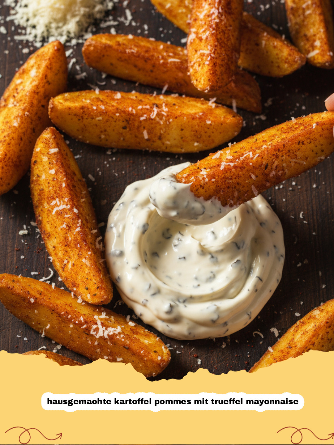 hausgemachte kartoffel pommes mit trueffel mayonnaise - Goldbraun frittierte hausgemachte Kartoffel Pommes mit einer Schale Trüffel Mayonnaise daneben