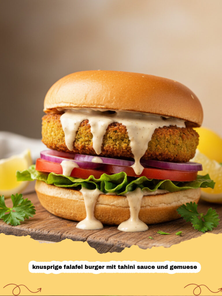 knusprige falafel burger mit tahini sauce und gemuese - Knusprige Falafel Burger mit Tahini Sauce, frischem Gemüse und goldbraunen Falafel Patties auf einem Holzbrett.