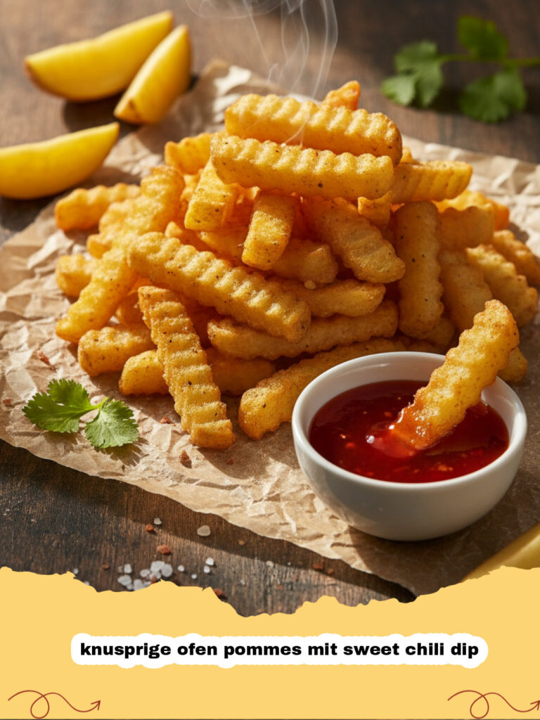 Goldbraune knusprige ofen pommes mit sweet chili dip in einer Schale