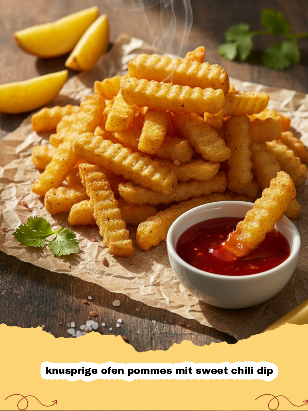 Goldbraune knusprige ofen pommes mit sweet chili dip in einer Schale