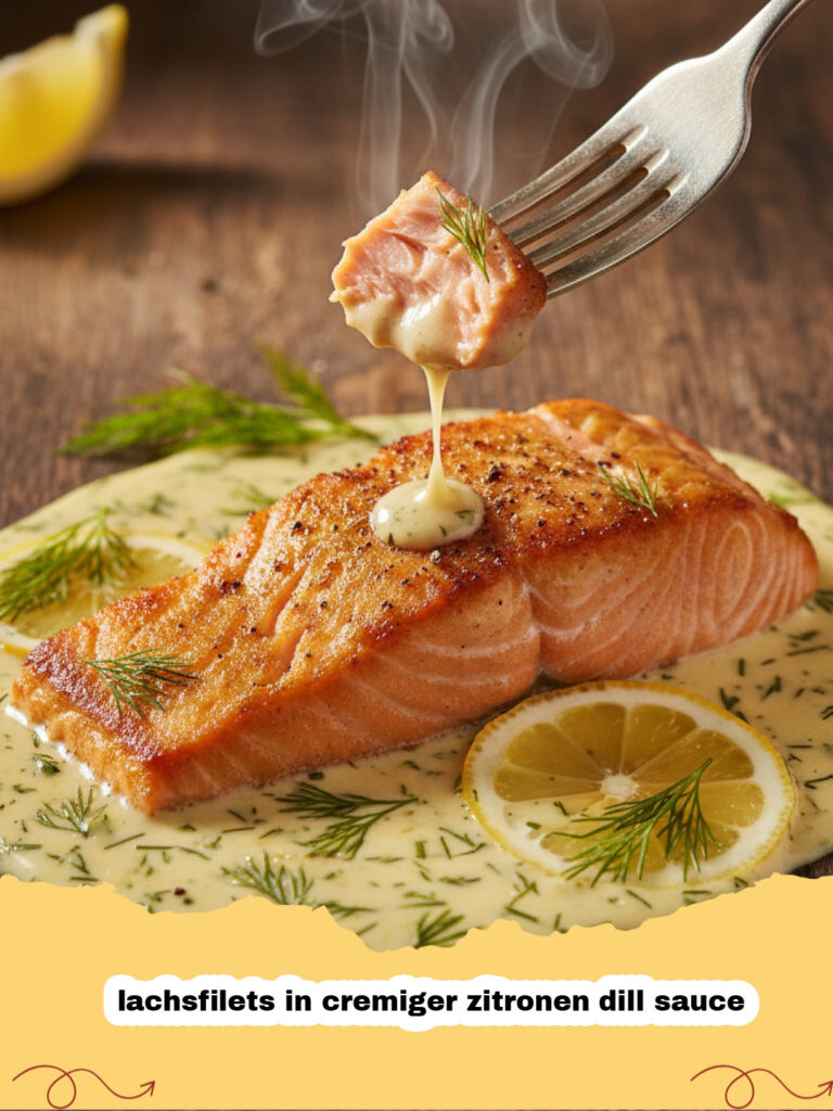lachsfilets in cremiger zitronen dill sauce - Saftige Lachsfilets in cremiger Zitronen-Dill-Sauce auf einem Teller, garniert mit frischem Dill und Zitronenscheiben, dazu Salzkartoffeln