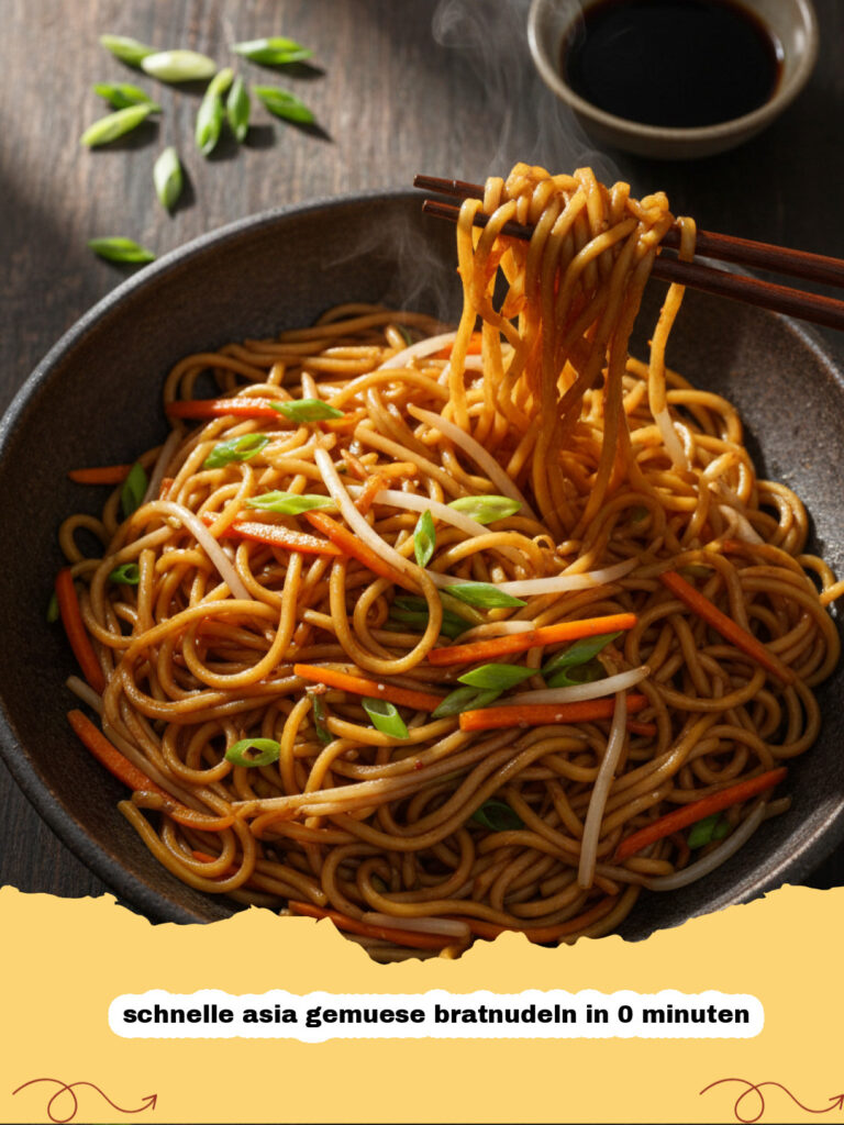 schnelle asia gemuese bratnudeln in 0 minuten - Frisch zubereitete schnelle Asia Gemüse Bratnudeln in einer Schale, garniert mit Frühlingszwiebeln und Sesam.