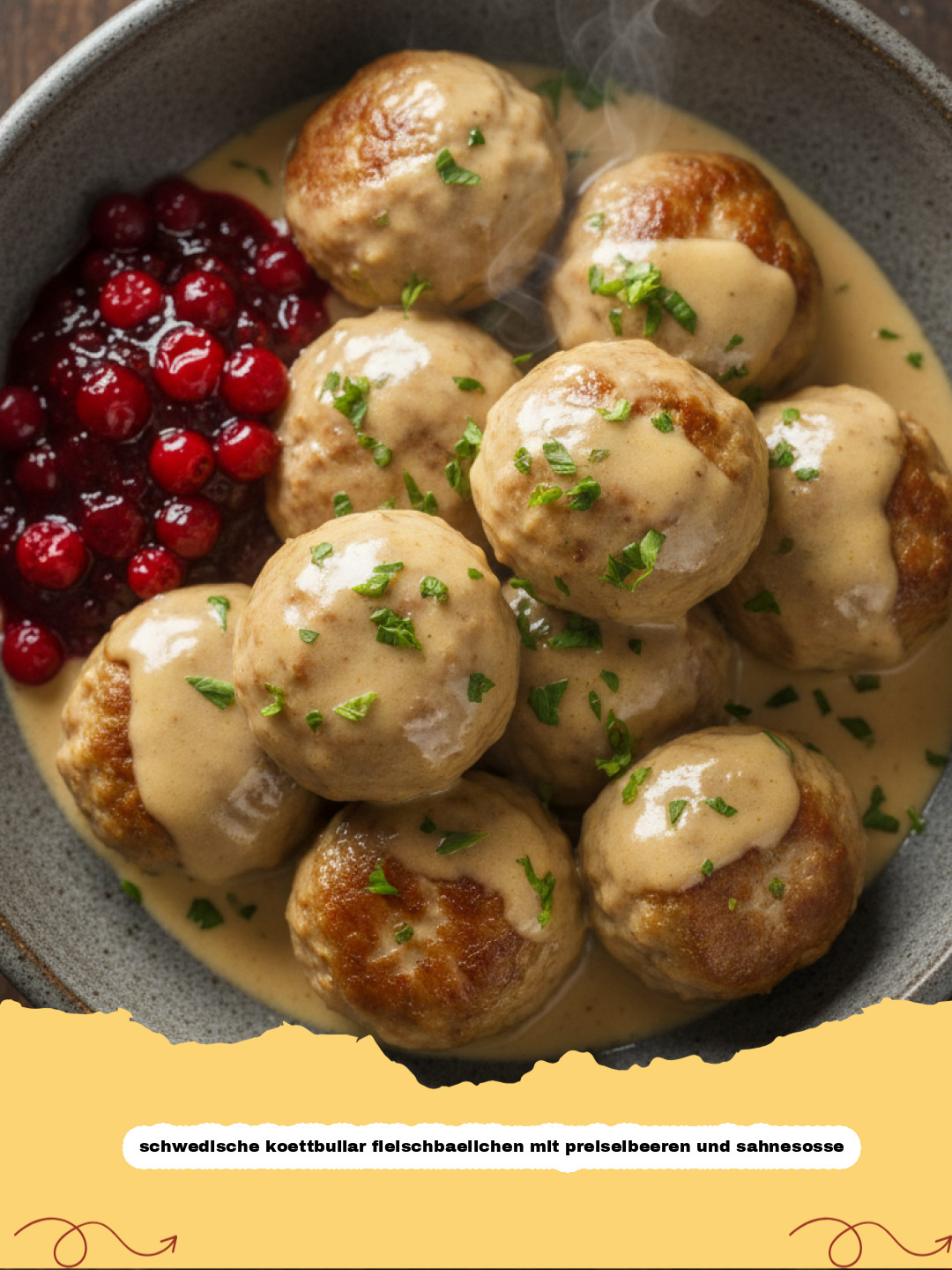 Schwedische Köttbullar Fleischbällchen mit Preiselbeeren und Sahnesauce