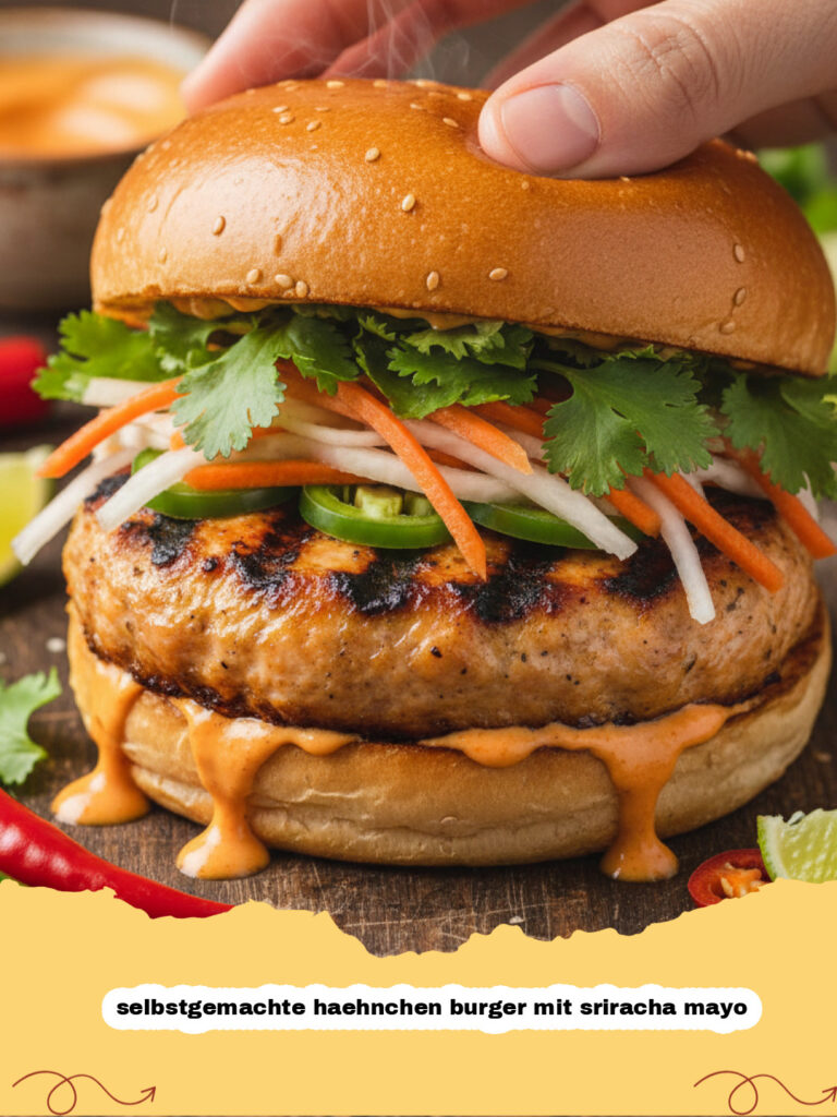 selbstgemachte haehnchen burger mit sriracha mayo - Ein appetitlicher selbstgemachter Hähnchen Burger mit Sriracha Mayo, frischen Tomaten, Salat und roten Zwiebeln auf einem Holzbrett angerichtet.