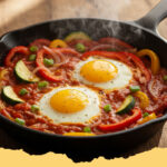 vegetarische fruehstueckspfanne mit ei und gemuese - Eine bunte, vegetarische Frühstückspfanne mit Ei und verschiedenen Gemüsesorten, garniert mit frischen Kräutern