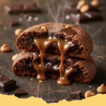 weiche schoko hafer cookies mit salzkaramell tropfen - Close-up von weichen Schoko Hafer Cookies mit geschmolzenen Salzkaramell Tropfen auf einem Backblech.