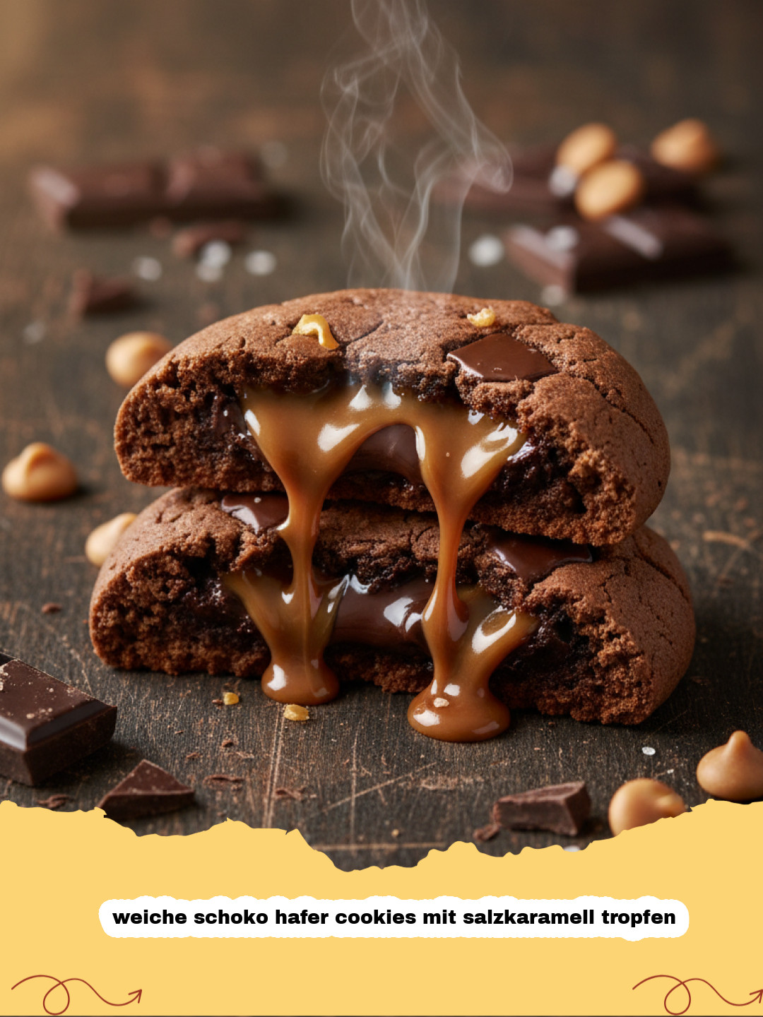 weiche schoko hafer cookies mit salzkaramell tropfen - Close-up von weichen Schoko Hafer Cookies mit geschmolzenen Salzkaramell Tropfen auf einem Backblech.
