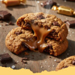 weiche schoko hafer cookies mit salzkaramell tropfen - Frisch gebackene weiche Schoko Hafer Cookies mit sichtbaren Salzkaramell Tropfen auf einem Holzbrett