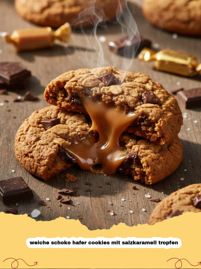 weiche schoko hafer cookies mit salzkaramell tropfen - Frisch gebackene weiche Schoko Hafer Cookies mit sichtbaren Salzkaramell Tropfen auf einem Holzbrett