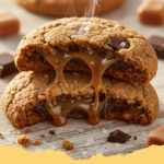 weiche schoko hafer cookies mit salzkaramell tropfen - Ein Stapel weicher Schoko Hafer Cookies mit geschmolzenen Salzkaramell Tropfen und Schokostückchen auf einem rustikalen Holzbrett.