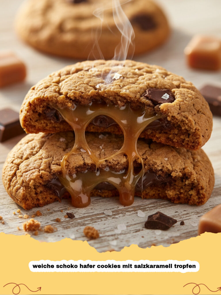 weiche schoko hafer cookies mit salzkaramell tropfen - Ein Stapel weicher Schoko Hafer Cookies mit geschmolzenen Salzkaramell Tropfen und Schokostückchen auf einem rustikalen Holzbrett.