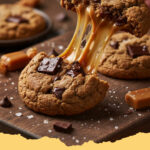 weiche schoko hafer cookies mit salzkaramell tropfen - Ein Stapel weicher Schoko Hafer Cookies mit geschmolzenen Salzkaramell-Tropfen und Schokostückchen, auf einem Holztisch.