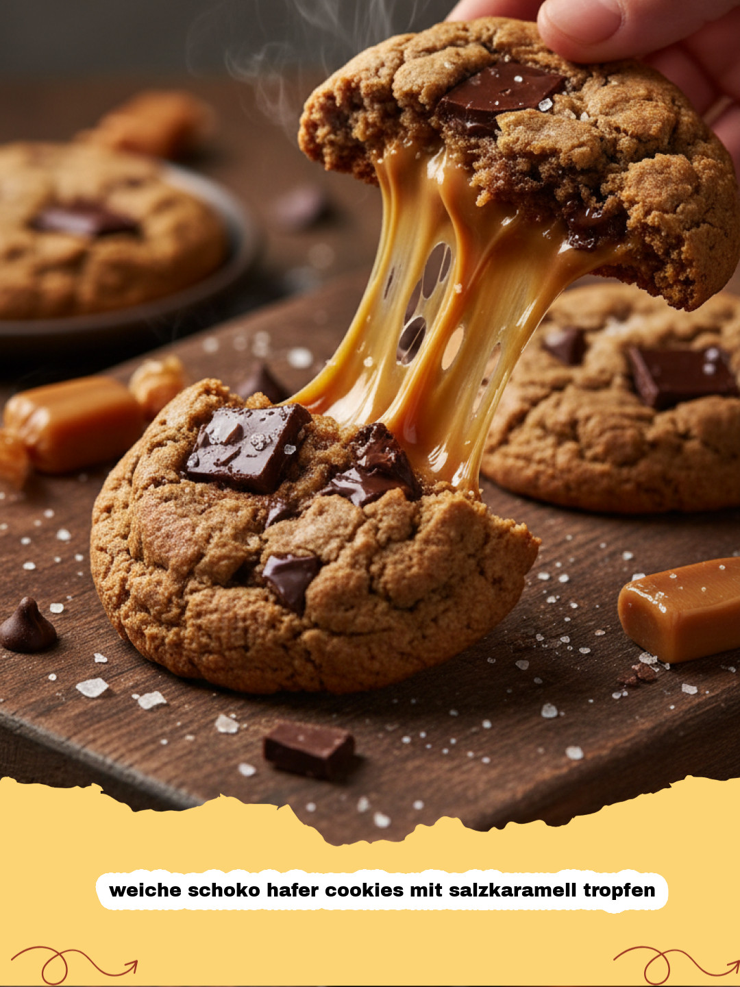 weiche schoko hafer cookies mit salzkaramell tropfen - Ein Stapel weicher Schoko Hafer Cookies mit geschmolzenen Salzkaramell-Tropfen und Schokostückchen, auf einem Holztisch.