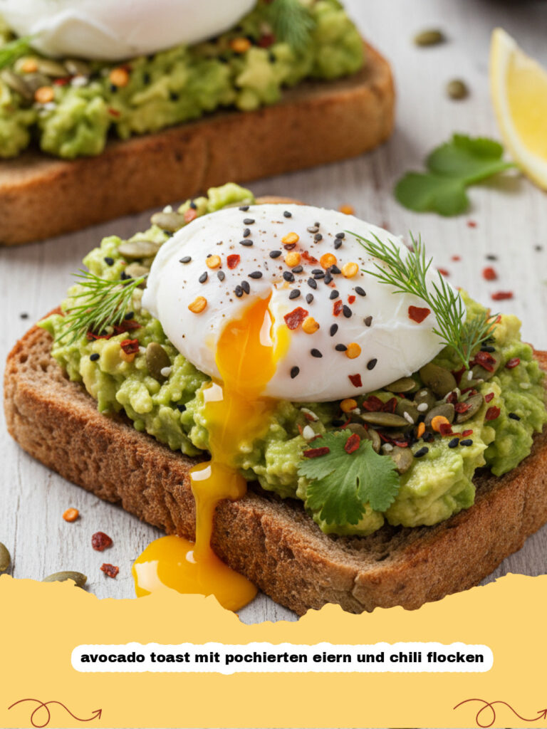 avocado toast mit pochierten eiern und chili flocken - Frisch zubereiteter Avocado Toast mit pochierten Eiern und roten Chili Flocken auf einem Holzteller.