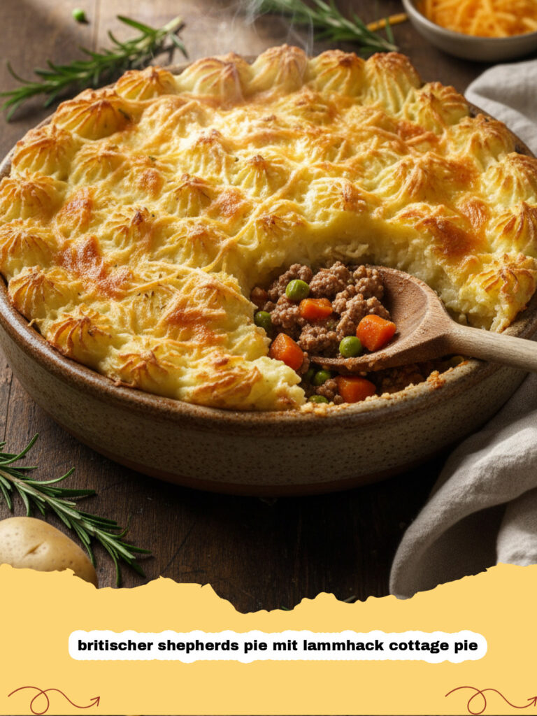 britischer shepherds pie mit lammhack cottage pie - Ein dampfender britischer Shepherds Pie mit goldbrauner Kartoffelhaube in einer Keramikform.