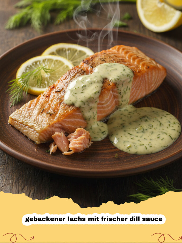 gebackener lachs mit frischer dill sauce - Gebackener Lachs mit frischer Dill-Sauce auf einem Teller mit Zitrone und Dill garniert.