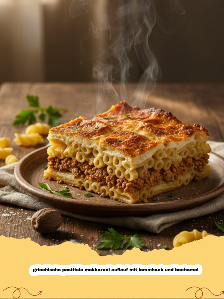 griechische pastitsio makkaroni auflauf mit lammhack und bechamel - Ein Stück griechischer Pastitsio Auflauf auf einem weißen Teller