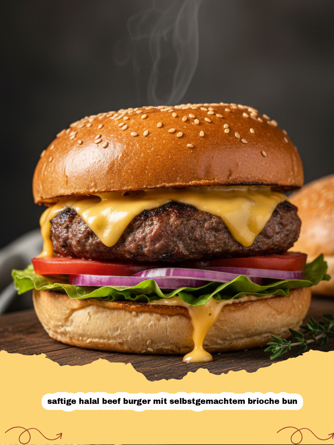 saftige halal beef burger mit selbstgemachtem brioche bun - Ein perfekt angerichteter, saftiger Halal Beef Burger mit goldenem Brioche Bun, geschmolzenem Käse und frischen Beilagen auf einem Holzbrett.