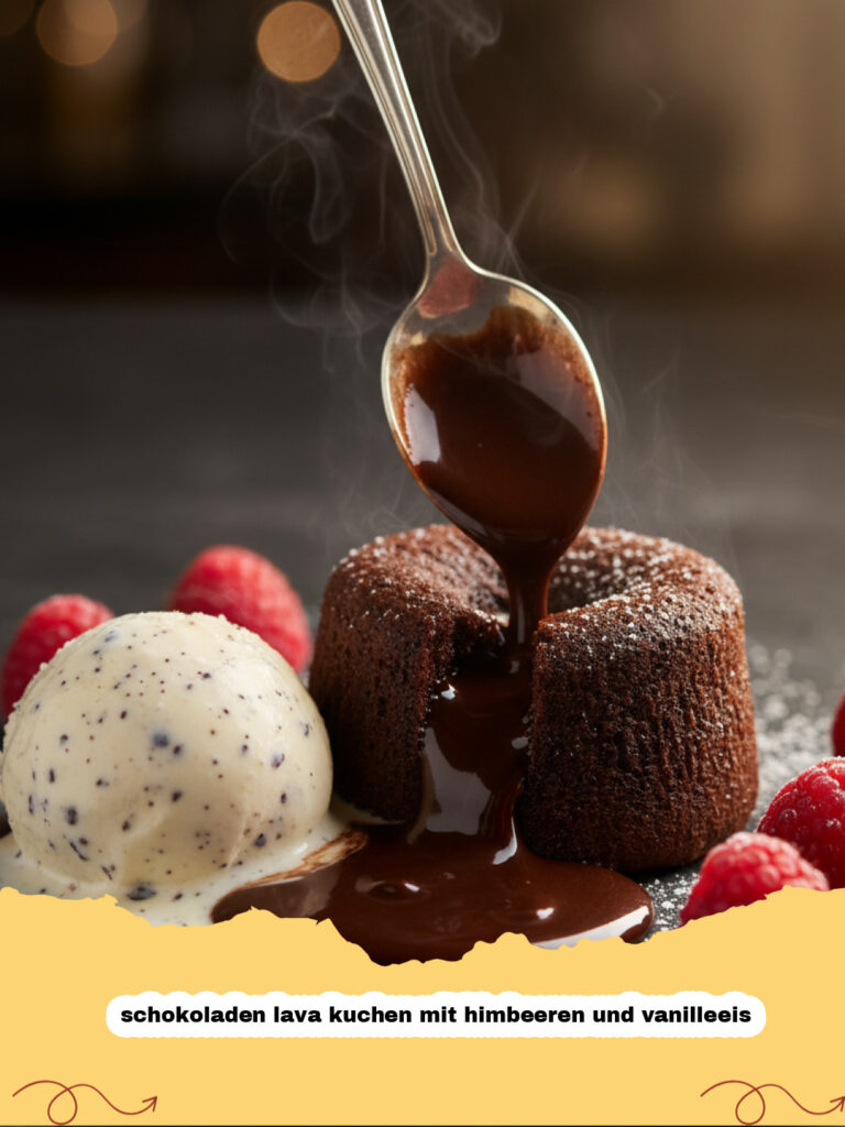 schokoladen lava kuchen mit himbeeren und vanilleeis - Schokoladen Lava Kuchen mit flüssigem Kern, frischen Himbeeren und Vanilleeis auf einem weißen Teller angerichtet.