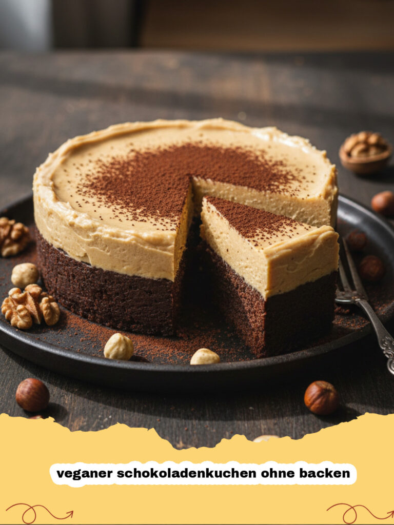 veganer schokoladenkuchen ohne backen - Ein Stück cremiger, veganer Schokoladenkuchen ohne Backen, garniert mit frischen Himbeeren und Kakaonibs.