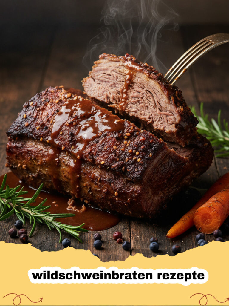wildschweinbraten rezepte - Ein saftiger Wildschweinbraten auf einer Servierplatte mit dunkler Sauce und Kräutern