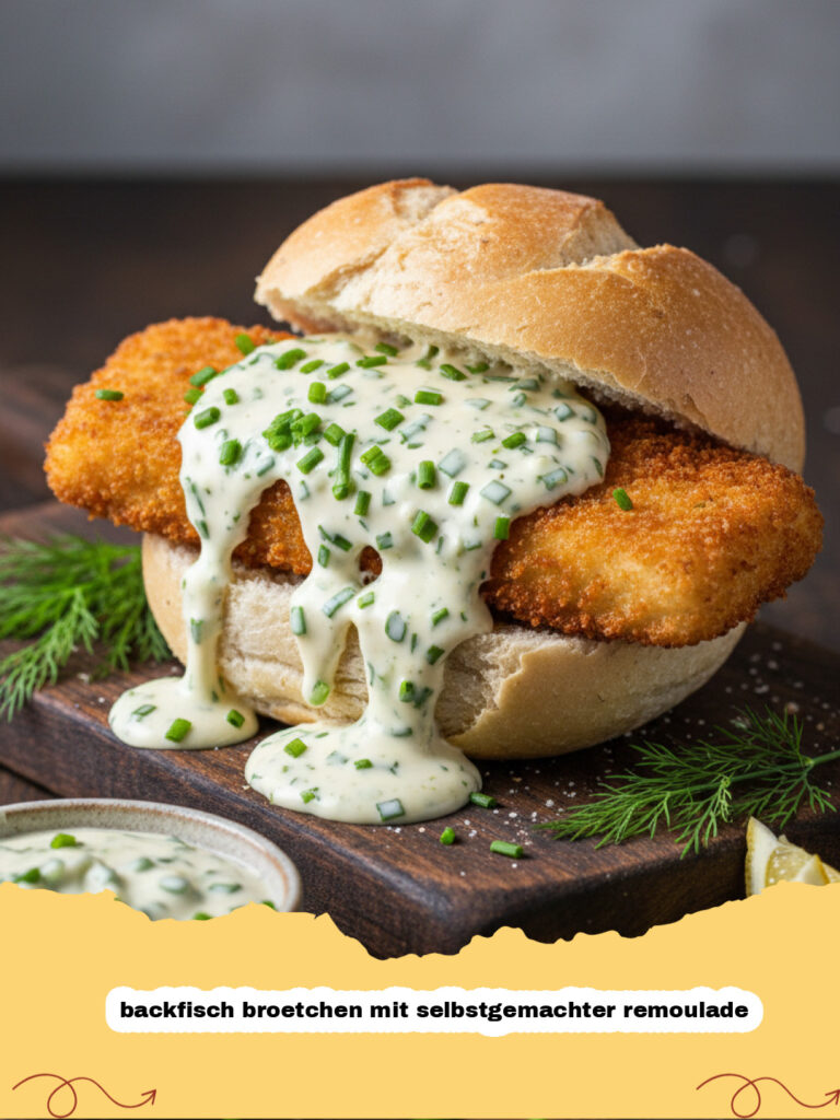 backfisch broetchen mit selbstgemachter remoulade - Frisches Backfisch Brötchen mit selbstgemachter Remoulade auf einem rustikalen Holztisch