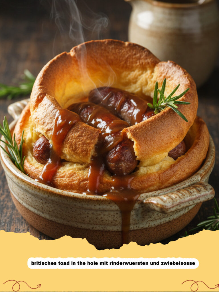 Goldbraunes britisches toad in the hole mit rinderwuersten und zwiebelsosse in einer Servierform